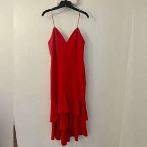 Alice + Olivia red spaghetti strap midi ruffle dress